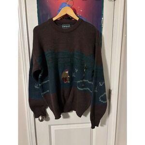 Campus Mens Sweater Golf Scene Embroidered Vintage Brown Green Blue L AOP
